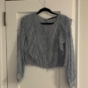 Blue Gray Embellished Crop Blouse with Long Sleeves